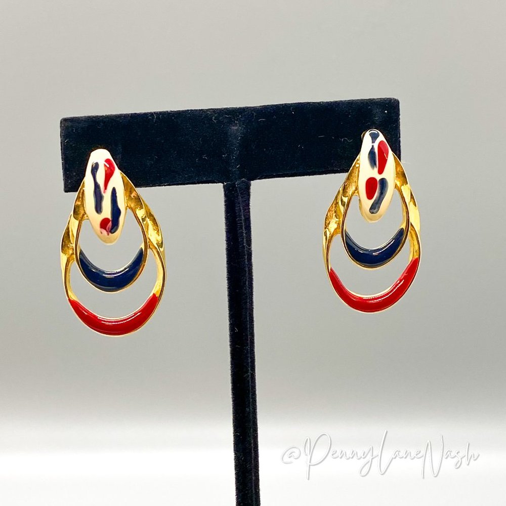 Vintage Gold Teardrop Loops with Blue & Red Drop Earrings